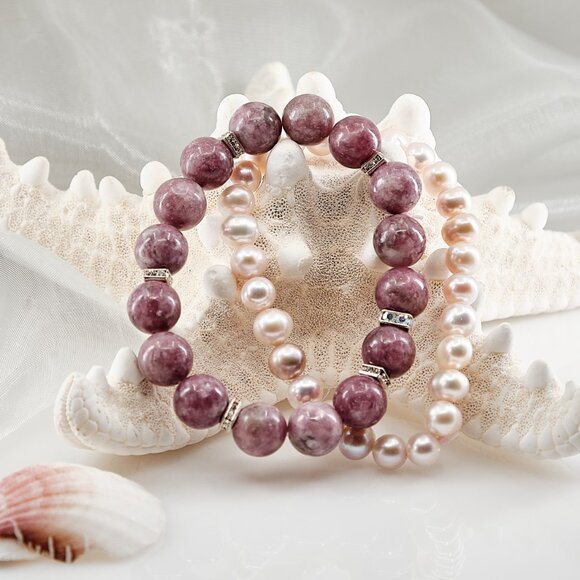 Pearl & Lepidolite Dainty Bracelet Set, Set of 2 Stretch Bracelets - Picture 6 of 11